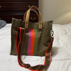 Kelly Moore Olive Tote with Pink and Orange Stripes